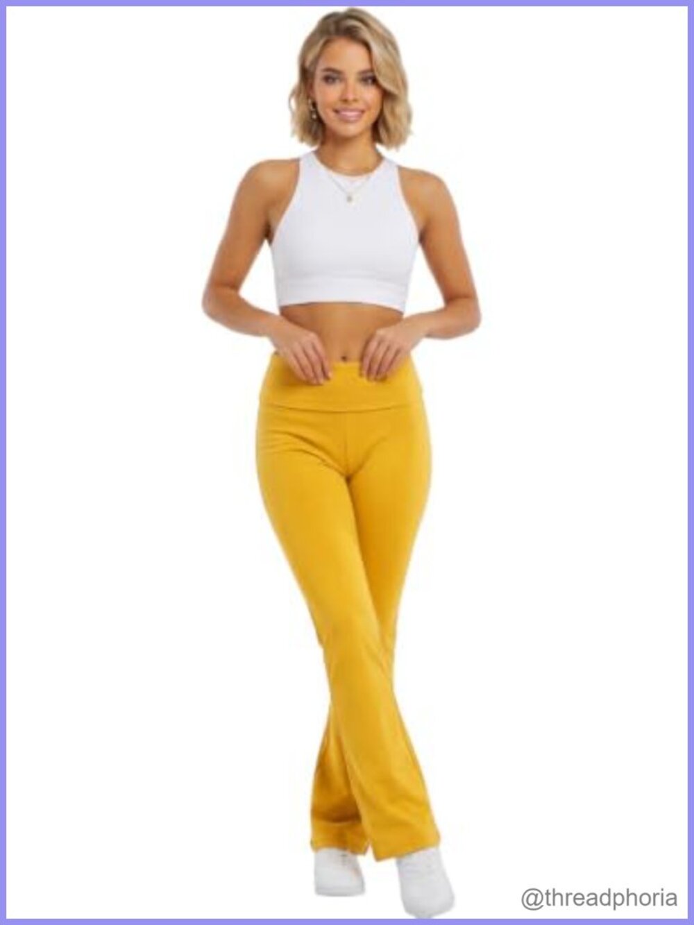 High Rise Flare Yoga Pants Fold Over Waist Cotton Blend Active Leggings - Picture 3 of 3